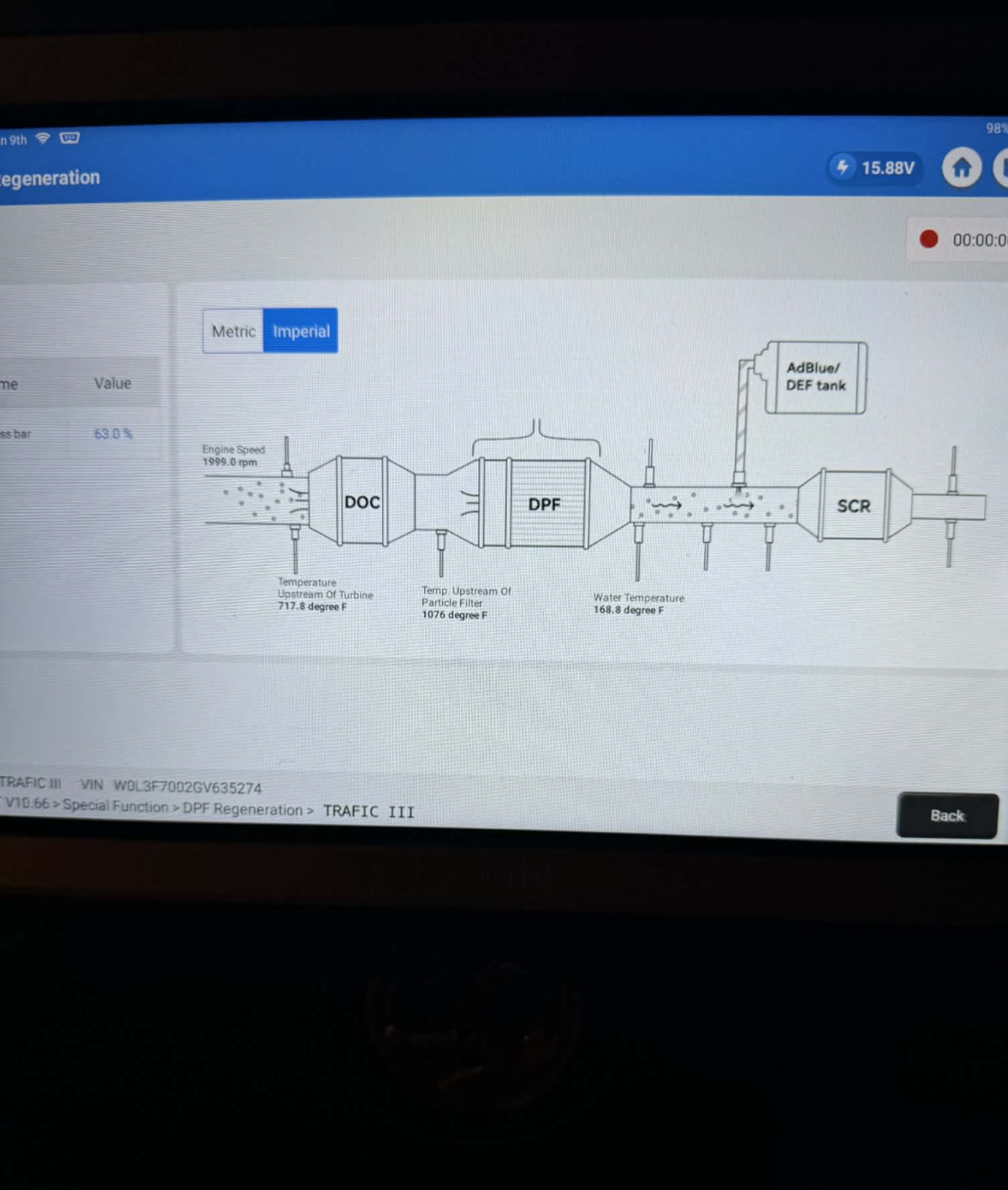 DPF regeneration diagnostics showing AdBlue/DEF tank system